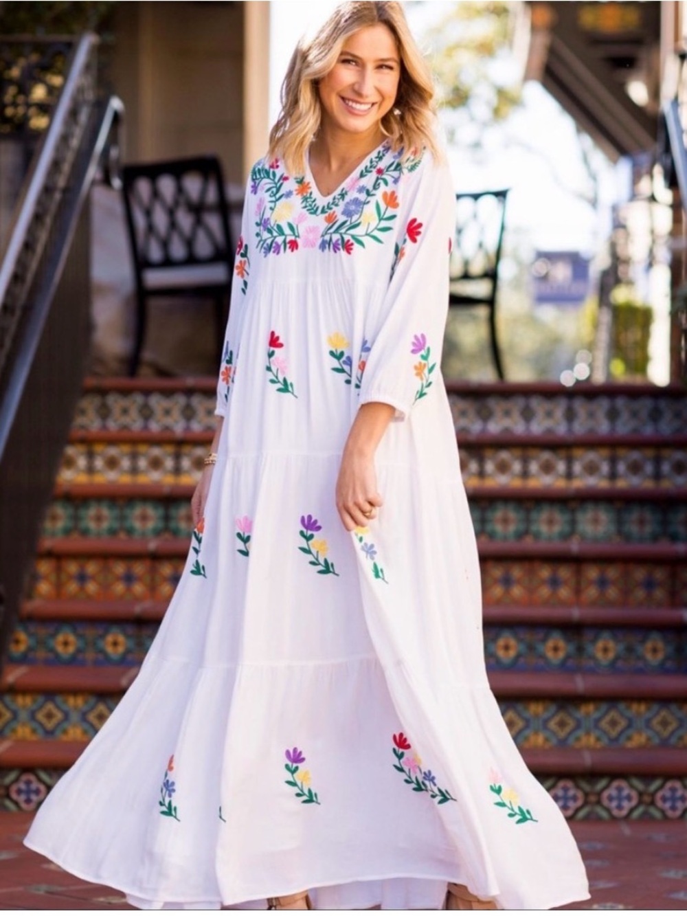 J.Marie Madeline Tiered Embroidered Floral Boho Maxi Dress S